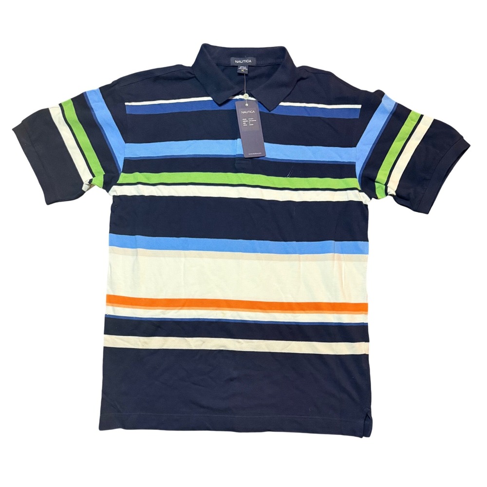 Nautica KR1003 Polo Shirt Mens XL Navy Blue Striped Short Sleeve Cotton Pique